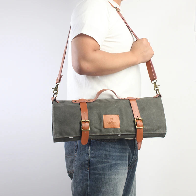 |Chef Knife Bag | Canvas Roll Carry Case Kitchen Cooking Portable Durable Storage with 11 Pockets