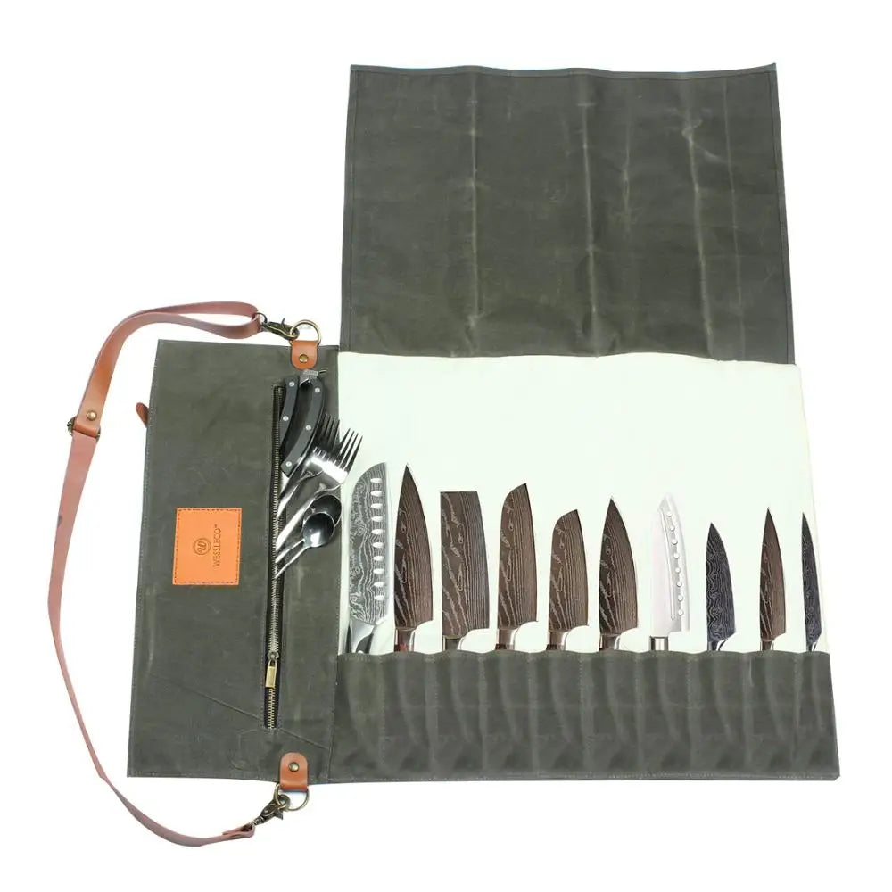 |Chef Knife Bag | Canvas Roll Carry Case Kitchen Cooking Portable Durable Storage with 11 Pockets