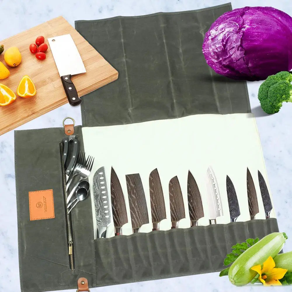 |Chef Knife Bag | Canvas Roll Carry Case Kitchen Cooking Portable Durable Storage with 11 Pockets
