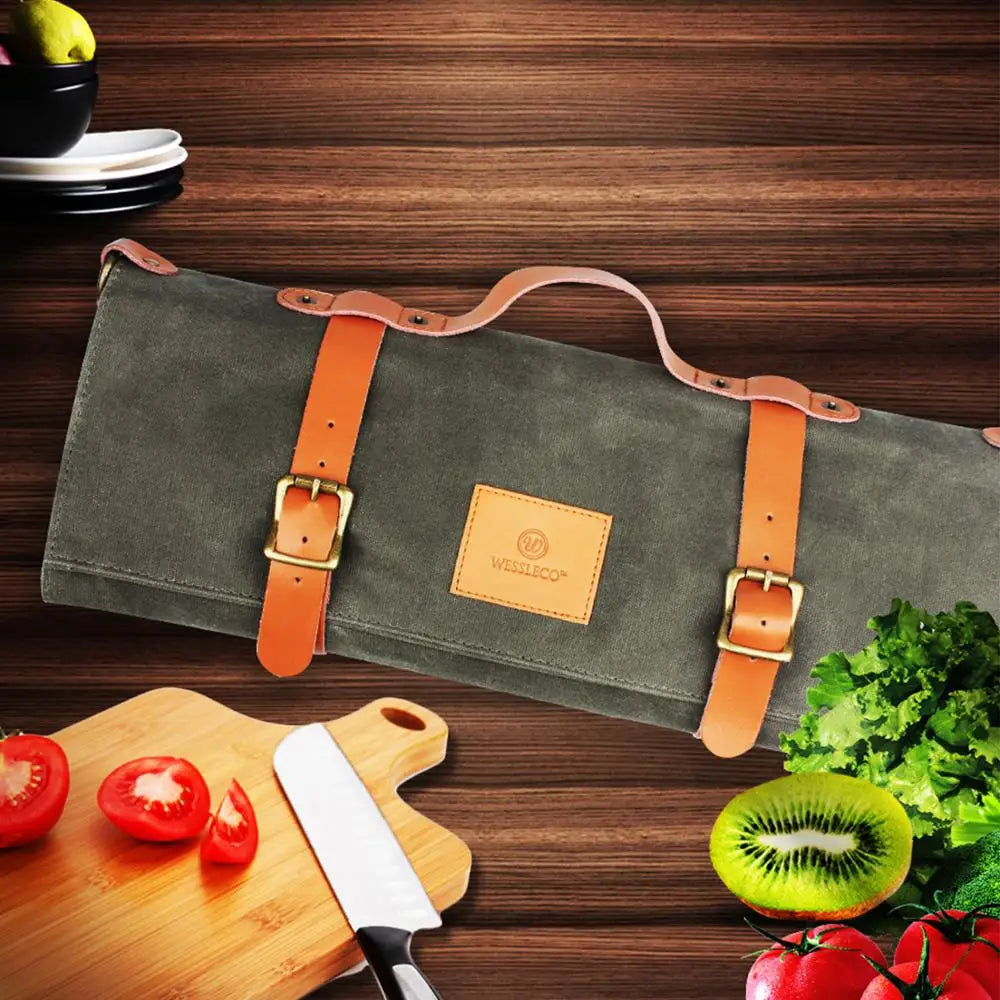 |Chef Knife Bag | Canvas Roll Carry Case Kitchen Cooking Portable Durable Storage with 11 Pockets